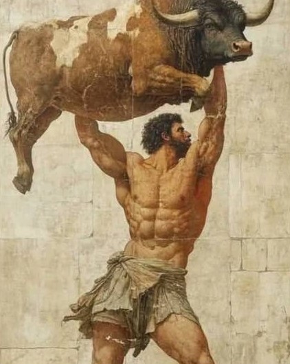 Painting of Milo of Croton lifting a full-grown bull over his head